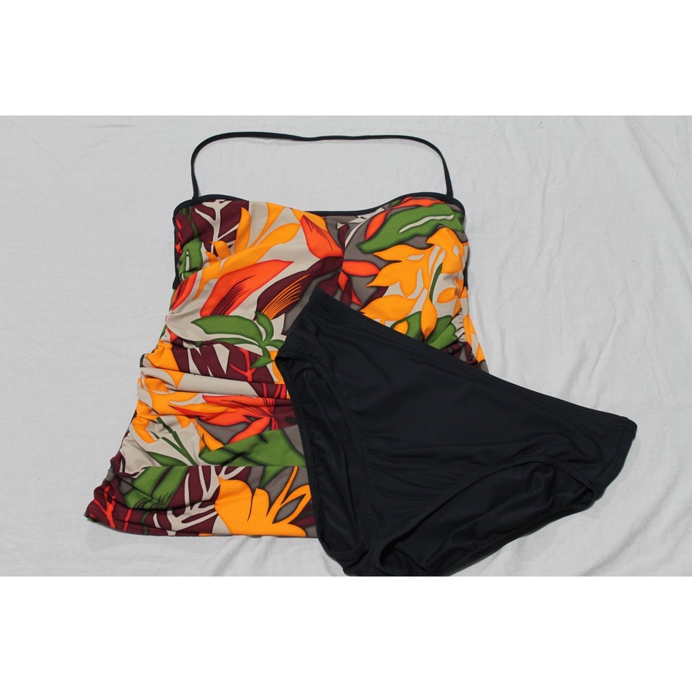 Calvin Klein Womens Tankini Swimsuit 2 Piece Floral Tropical Black Bikini Set L